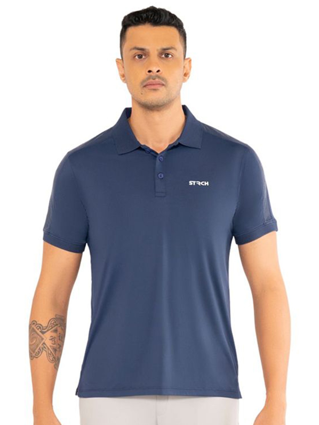 

STRCH Men Mandarin Collar Anti Odour Pockets T-shirt, Navy blue
