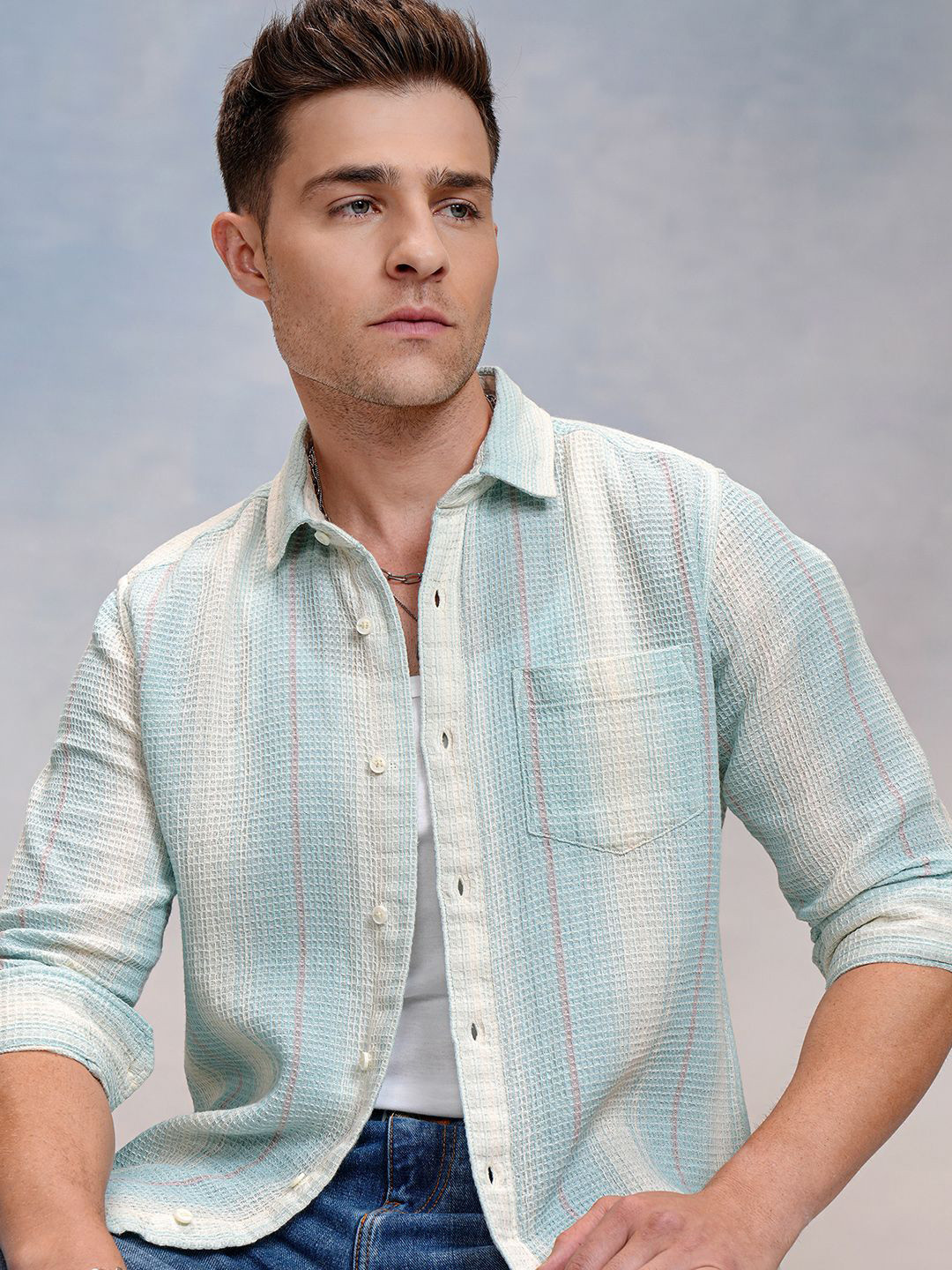 

Locomotive Premium Men Waffle Dobby Cuban Collar Relaxed Shirt, Blue