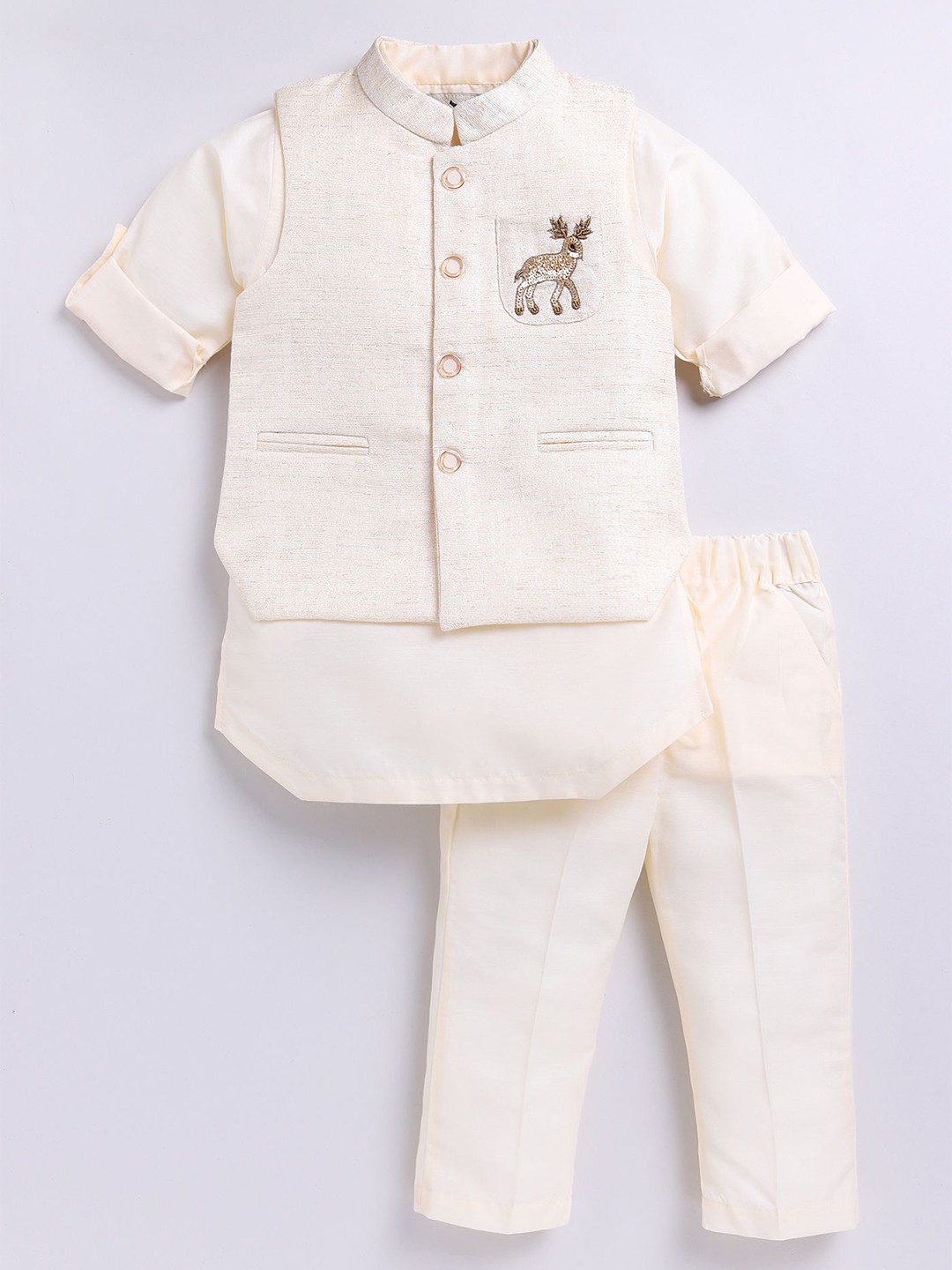 

LITTLE COLLARS Boys Regular Pure Silk Kurta With Pyjamas & Jacket, Cream