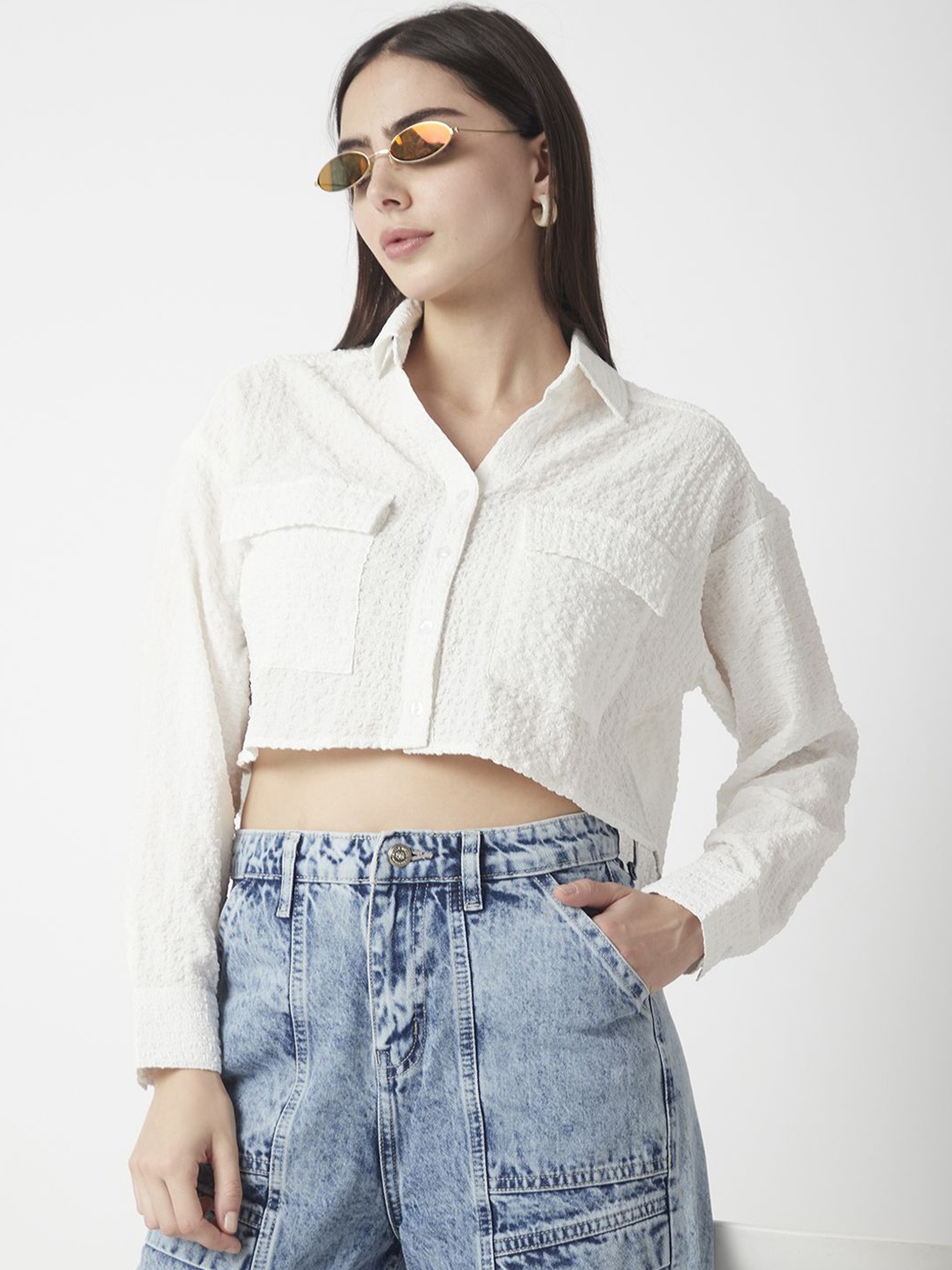 

R&B Women Self Design Shirt Style Crop Top, White