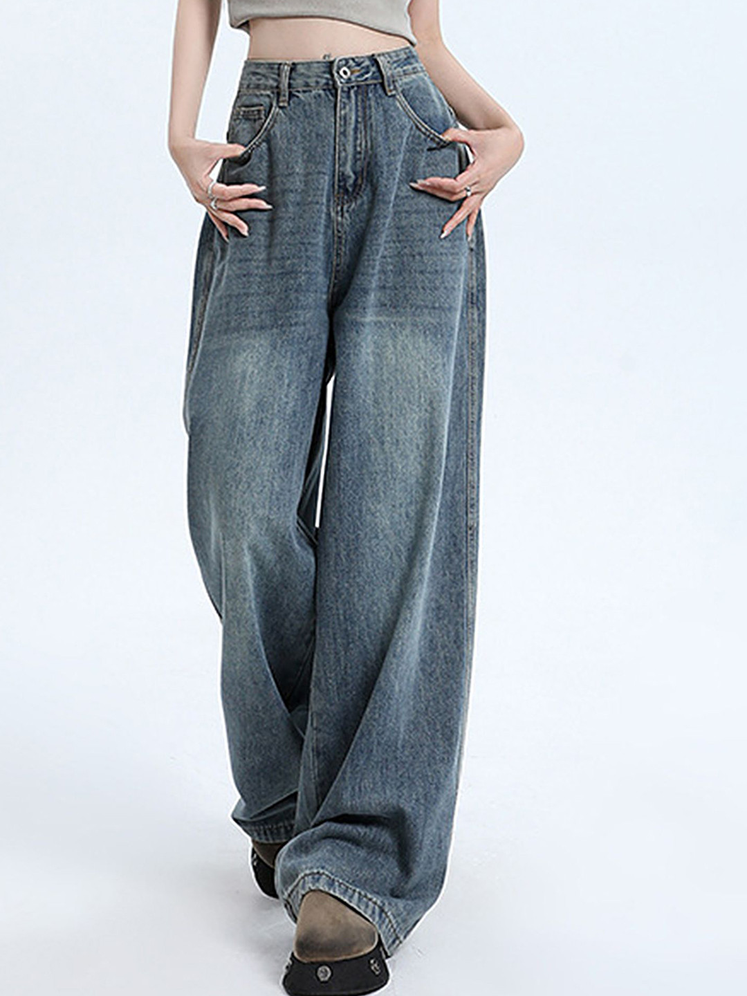 

LULU & SKY Women Cotton High-Rise Low Distress Light Fade Jeans, Blue