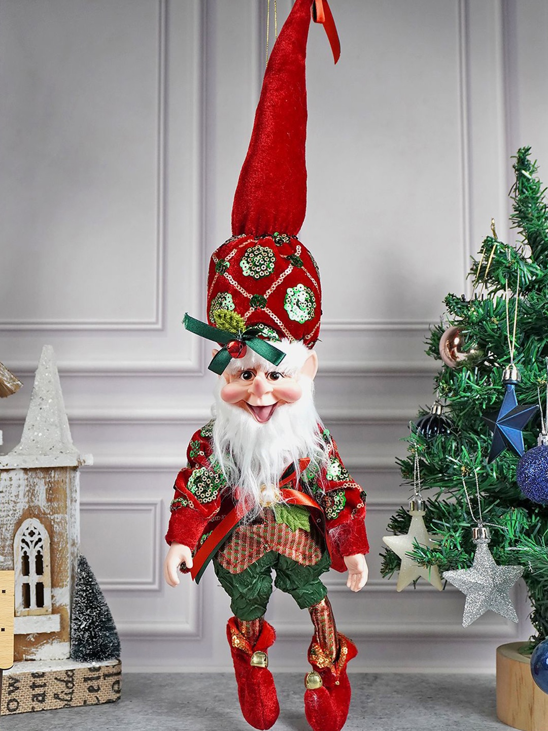 

Little Surprise Box LLP Red & Green Naughty Ball Elf Christmas Tree Ornament