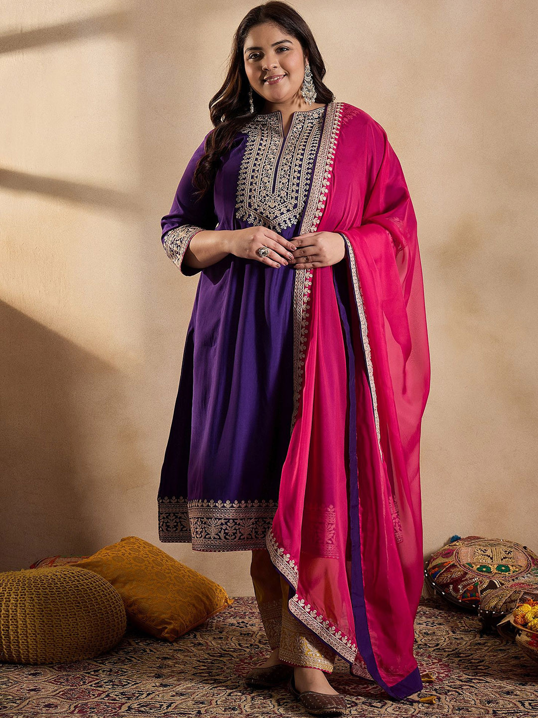 

INDDUS PLUS Women Floral Yoke Design Regular Thread Work Kurta with Trousers & With Dupatta, Purple