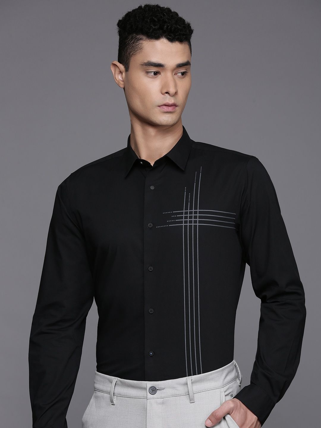 

Louis Philippe Ath.Work Striped Super Slim Fit Opaque Semiformal Shirt, Black