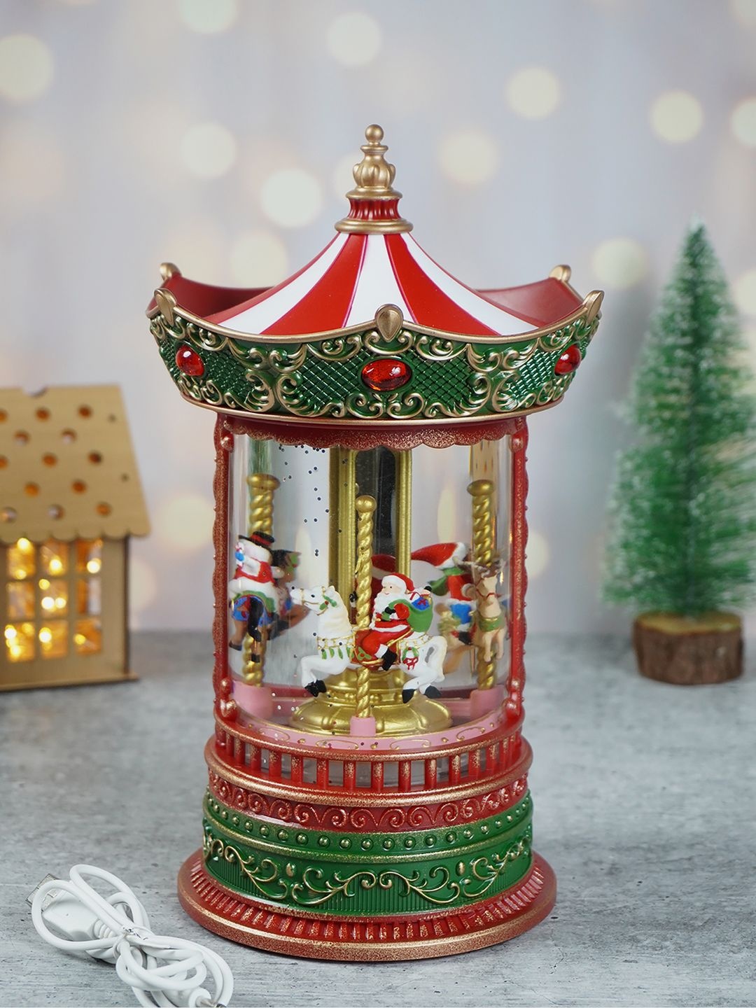 

Little Surprise Box LLP Red Glitter Water Musical Rotating Christmas Carousel Snow Globe