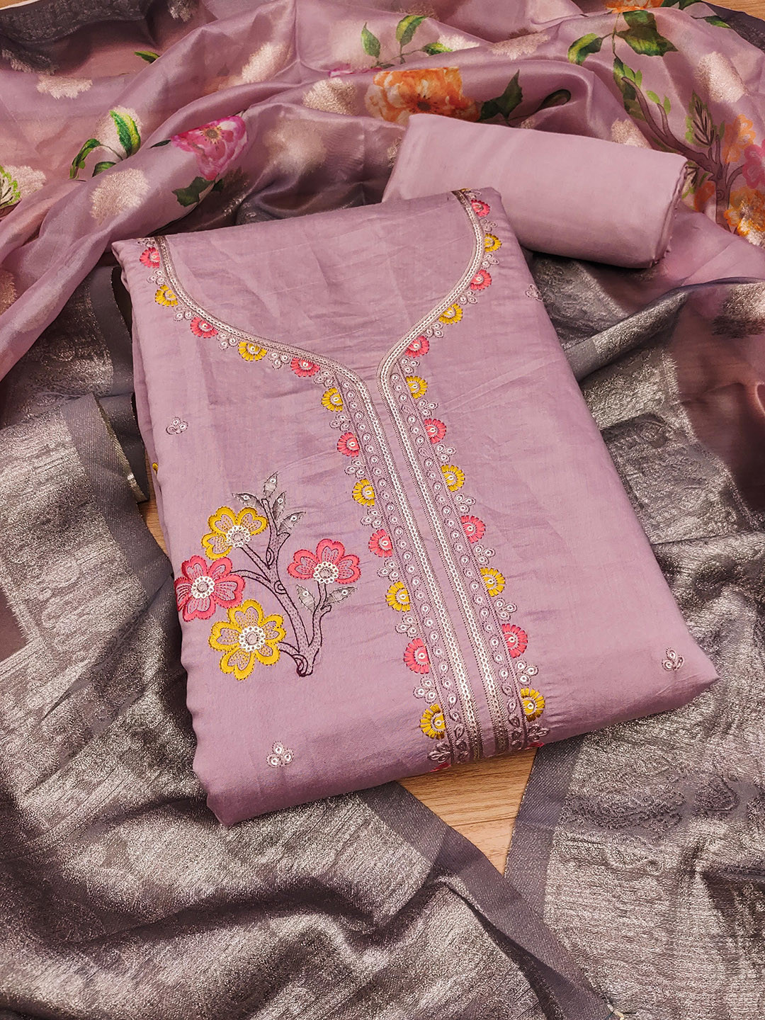 

KALINI Embroidered Unstitched Dress Material, Purple