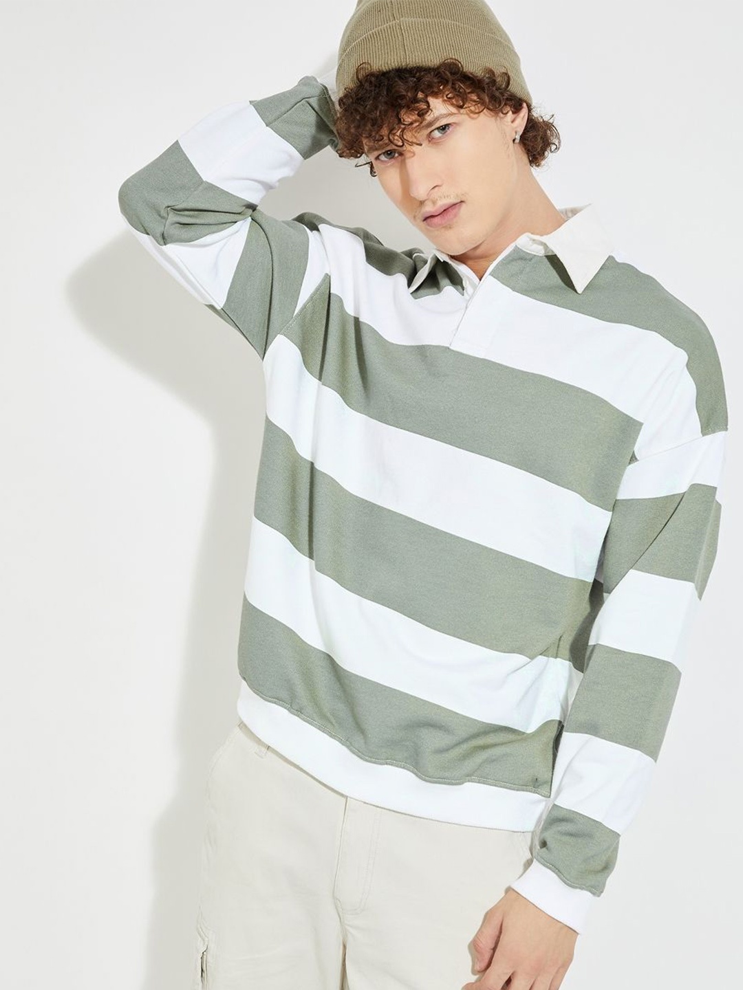 

MAX URB_N Men Oversized Striped Polo Sweatshirt, Green
