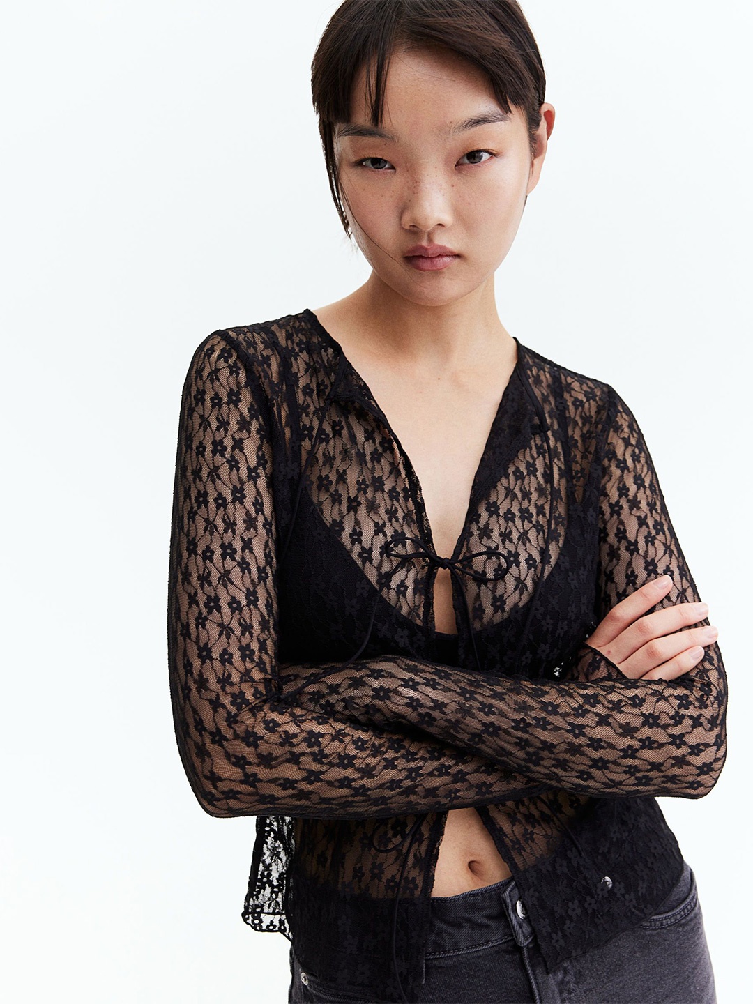 

H&M Women Tie-Detail Lace Top, Black