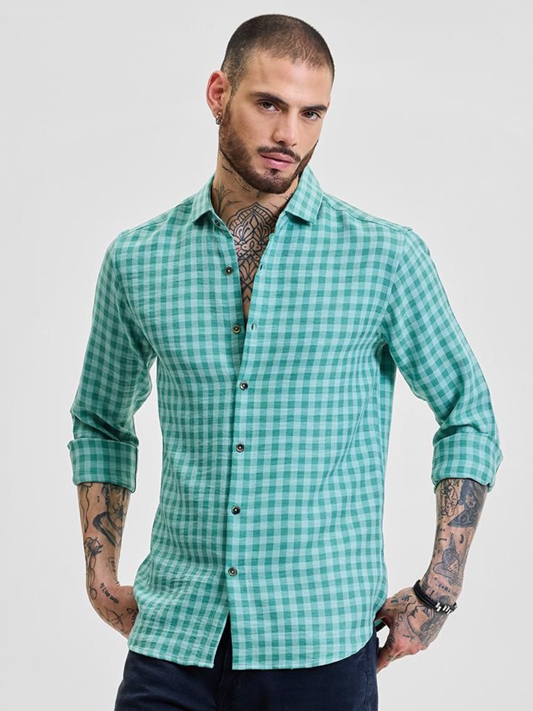 

Snitch Men Smart Slim Fit Opaque Checked Casual Shirt, Turquoise blue