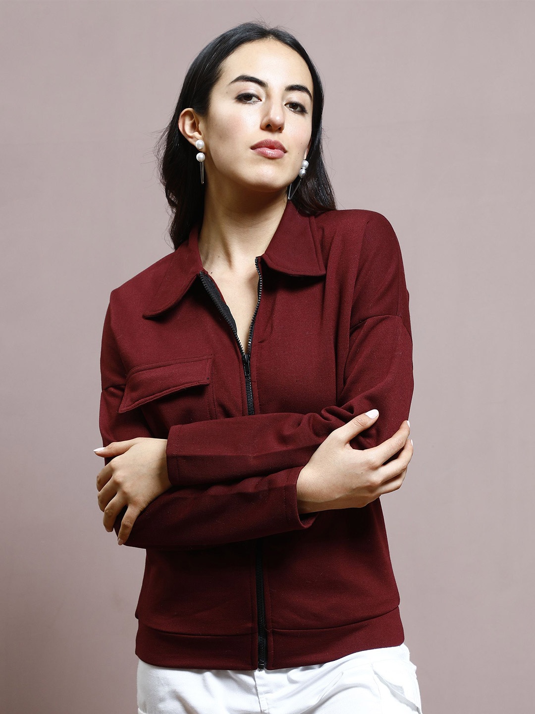 

Athena Women Shirt Collar Long Sleeves Sweatshirt, Maroon