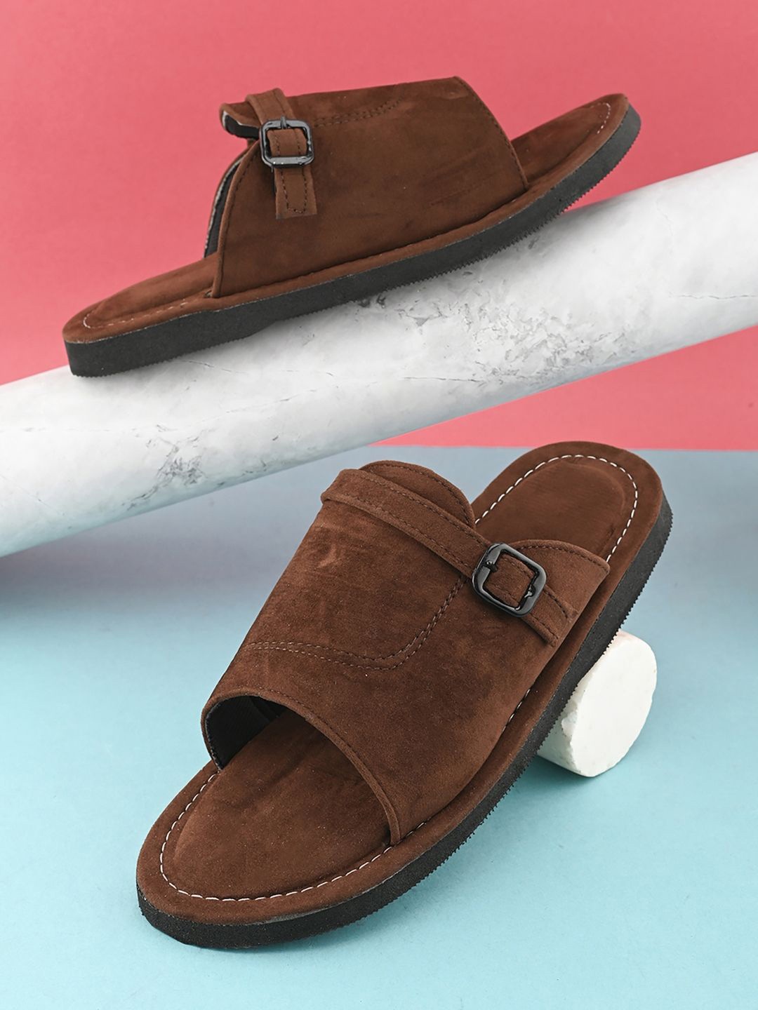 

Apratim Men Open Toe Flats with Buckles, Brown