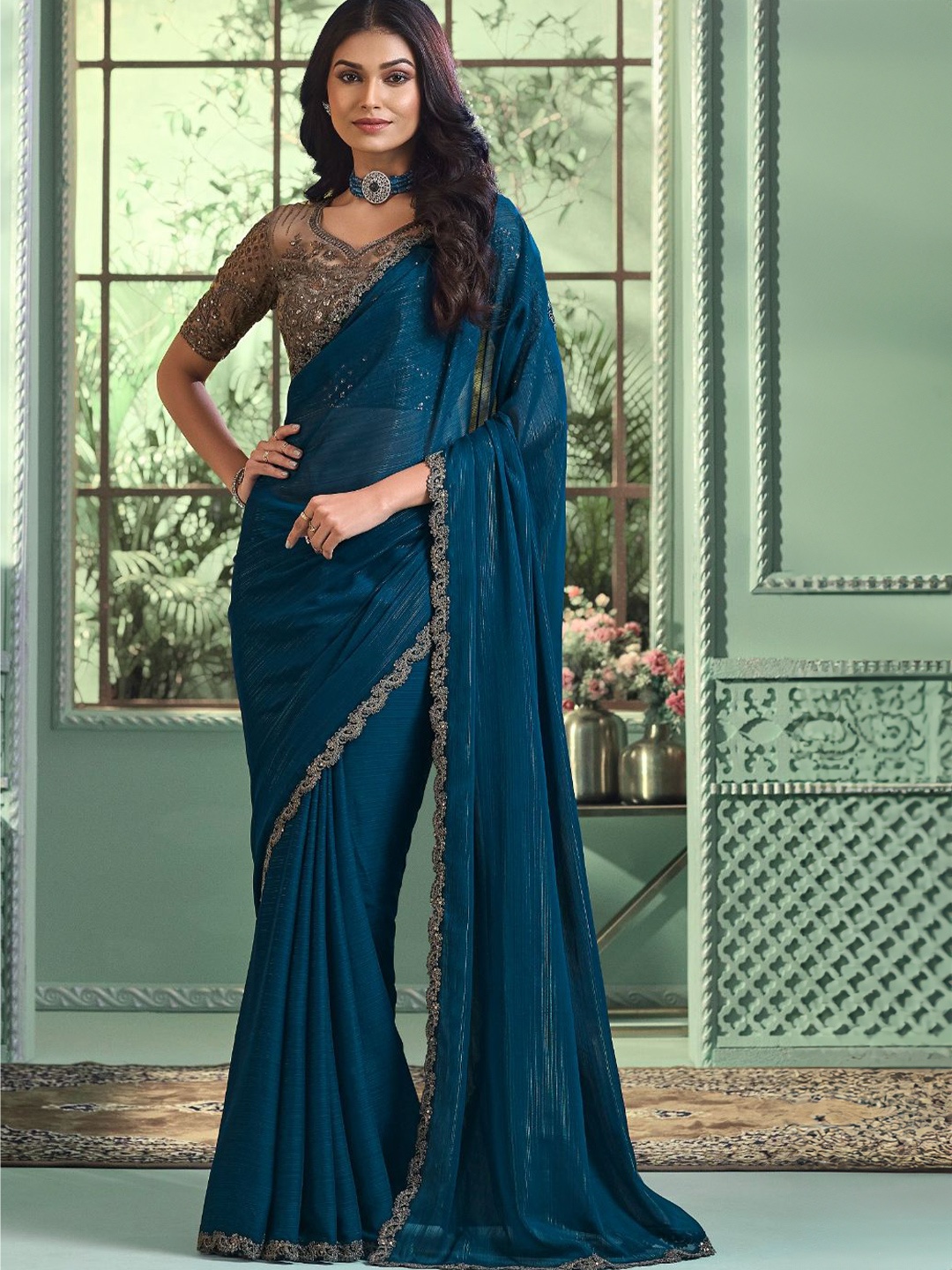 

Reboot Fashions Striped Beads and Stones Pure Georgette Saree, Blue