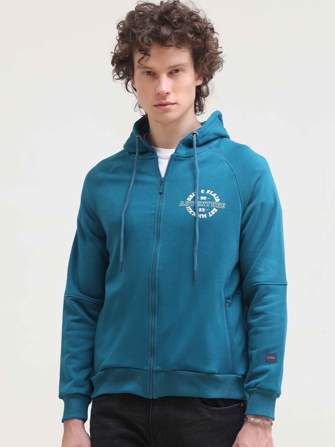 

Grit and Flair Men Graphic Printed Cotton Hooded Sweatshirt, Teal