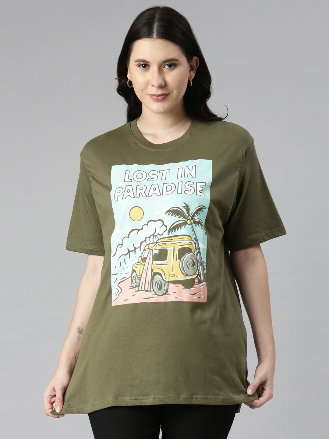 

TWIN BIRDS Women Printed Pure Cotton Woven drop shoulder oversized long tee, Green