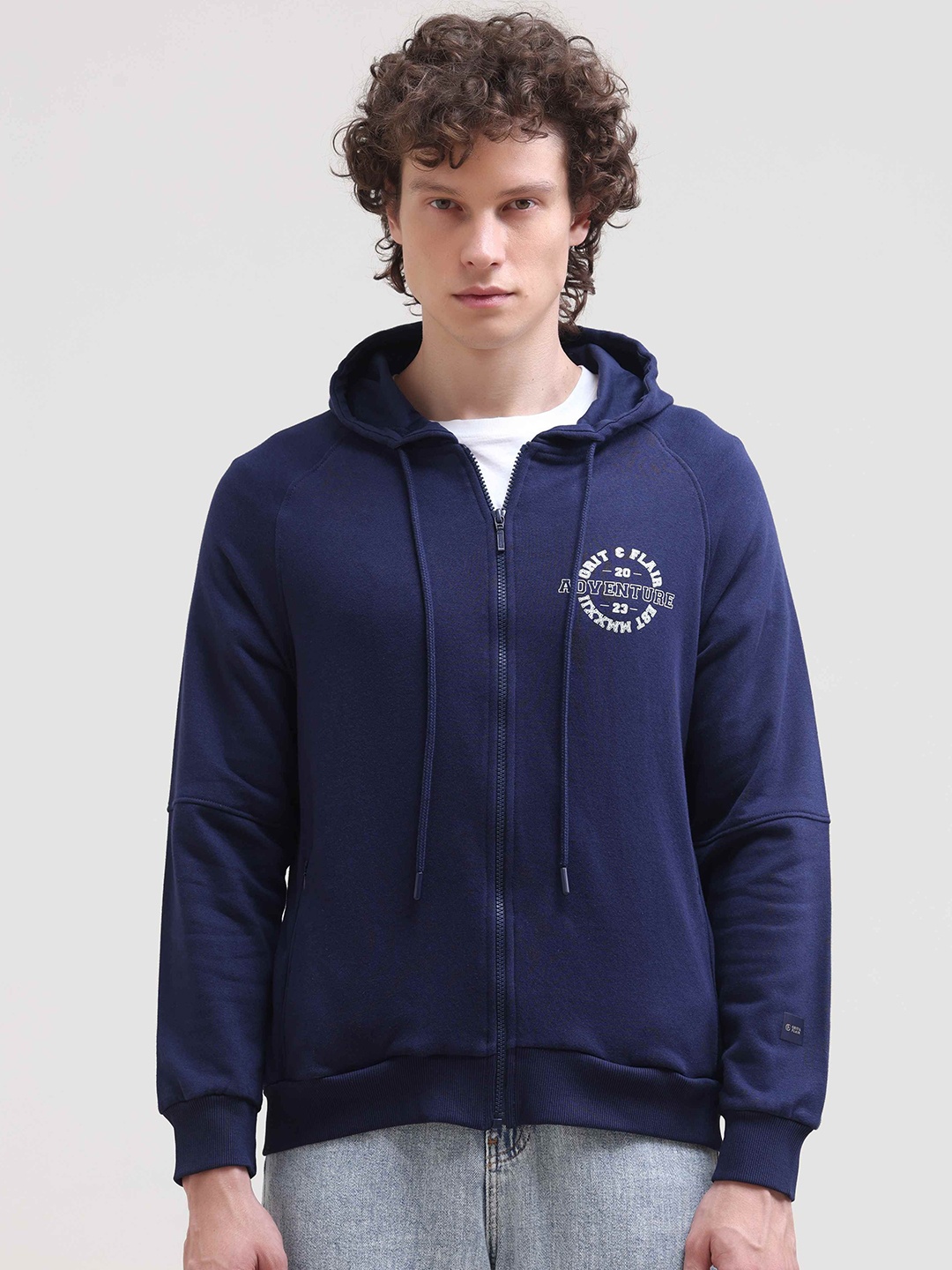 

Grit and Flair Men Graphic Printed Hooded Sweatshirt, Navy blue