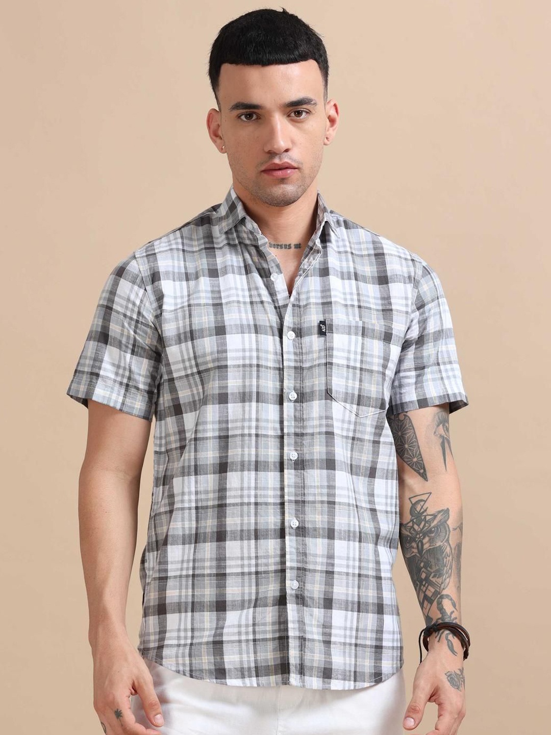 

HOUSE OF MAHNOTS Men Classic Opaque Checked Casual Shirt, Grey