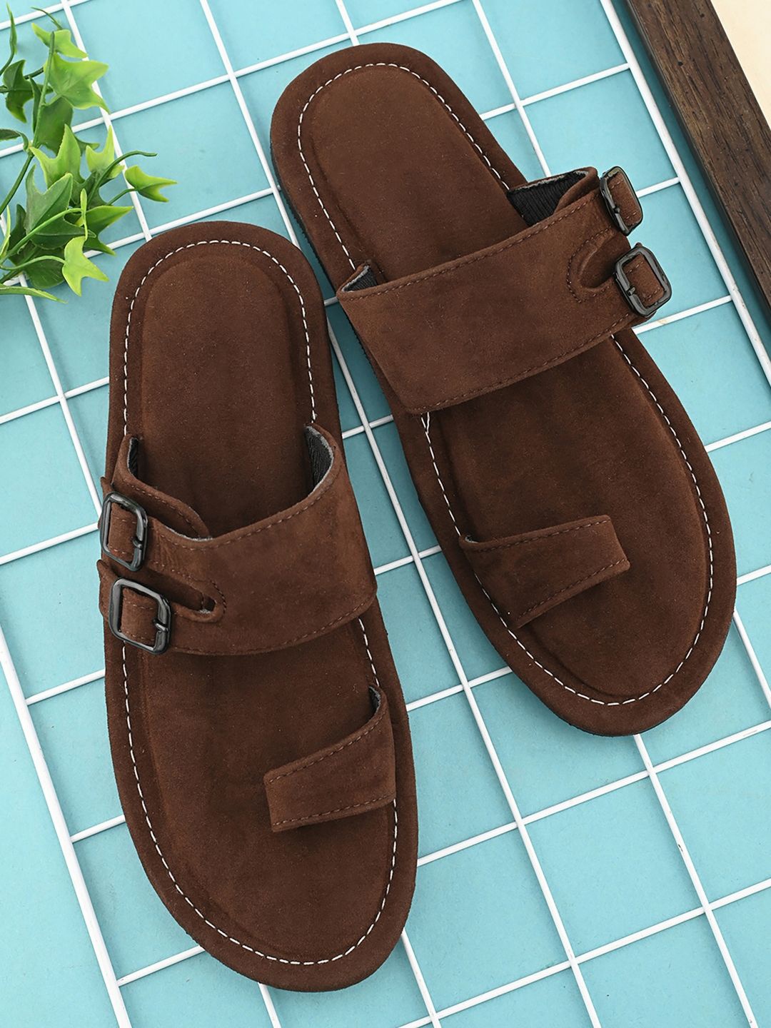 

Apratim Men Open Toe Flats with Buckles, Brown