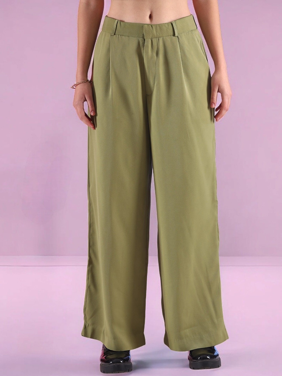 

All About You Formals Women Straight Fit High-Rise Pleated Trousers, Green