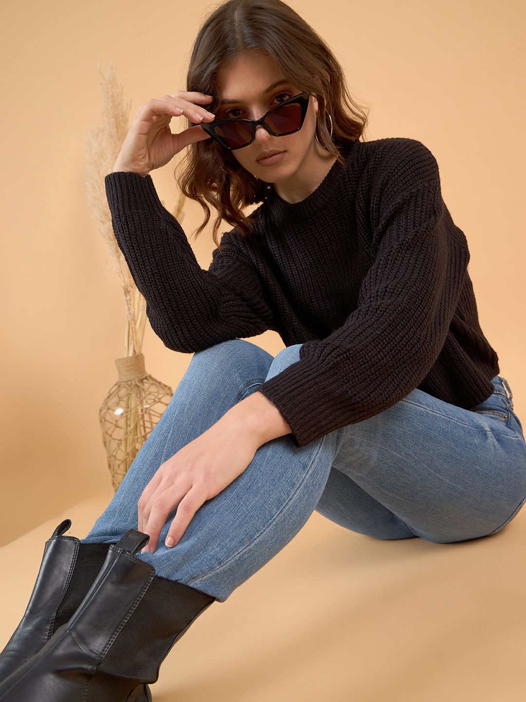 

STYLE BLUSH Women Self Design Cable Knit Pullover, Black