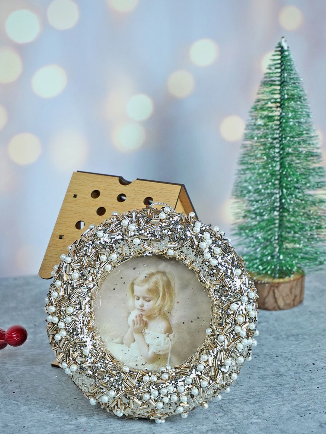 

Little Surprise Box LLP White & Grey Glitter Photoframe Christmas Tree Ornament