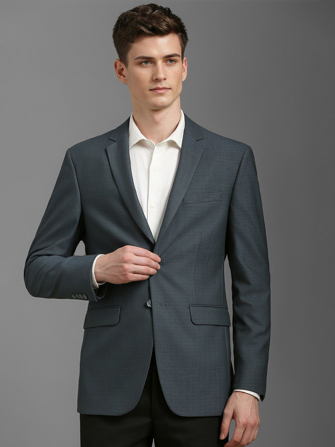 

Louis Philippe Notched Lapel Checked Single Breasted Formal Blazer, Grey
