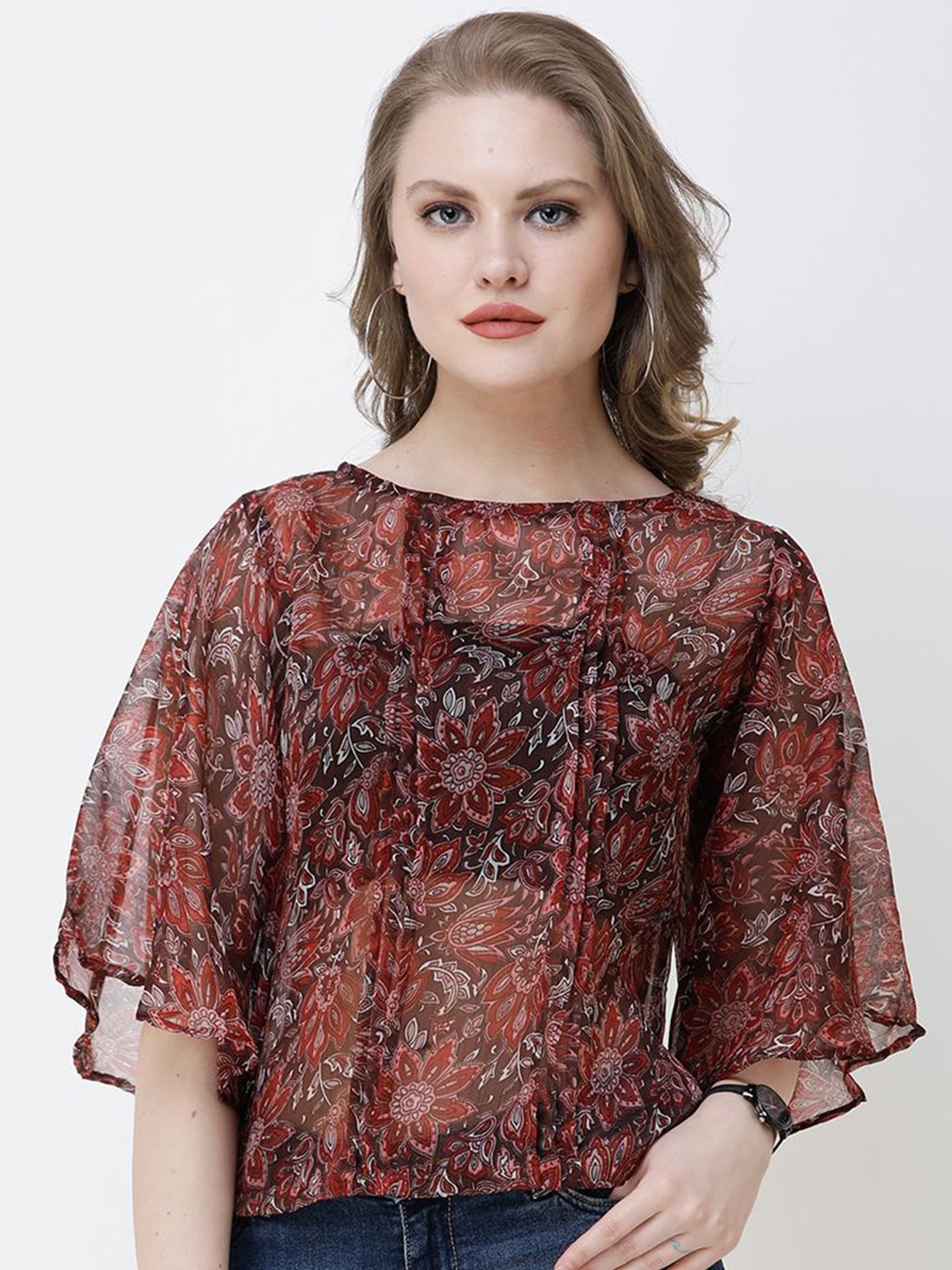 

BAESD Floral Print Flared Sleeve Georgette Top, Maroon