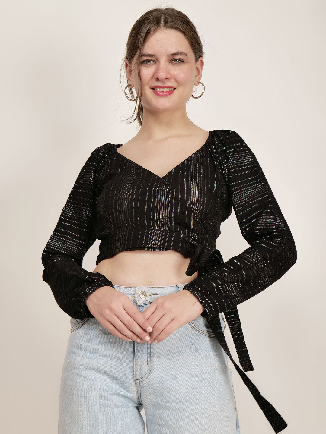 

AUDRAPE Women Self Design Wrap Crop Top, Black