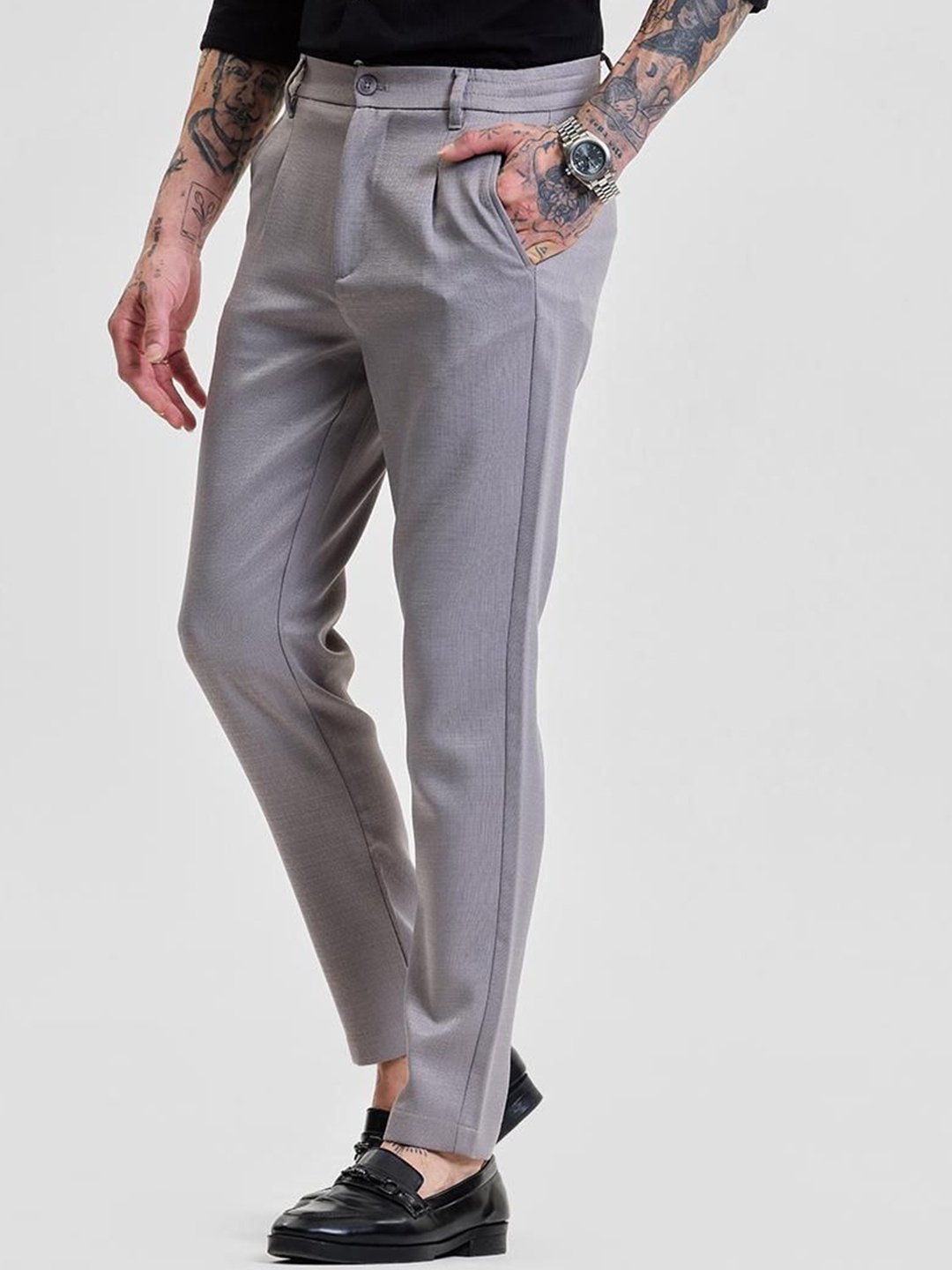 

Snitch Men Smart Slim Fit Pleated Trousers, Grey