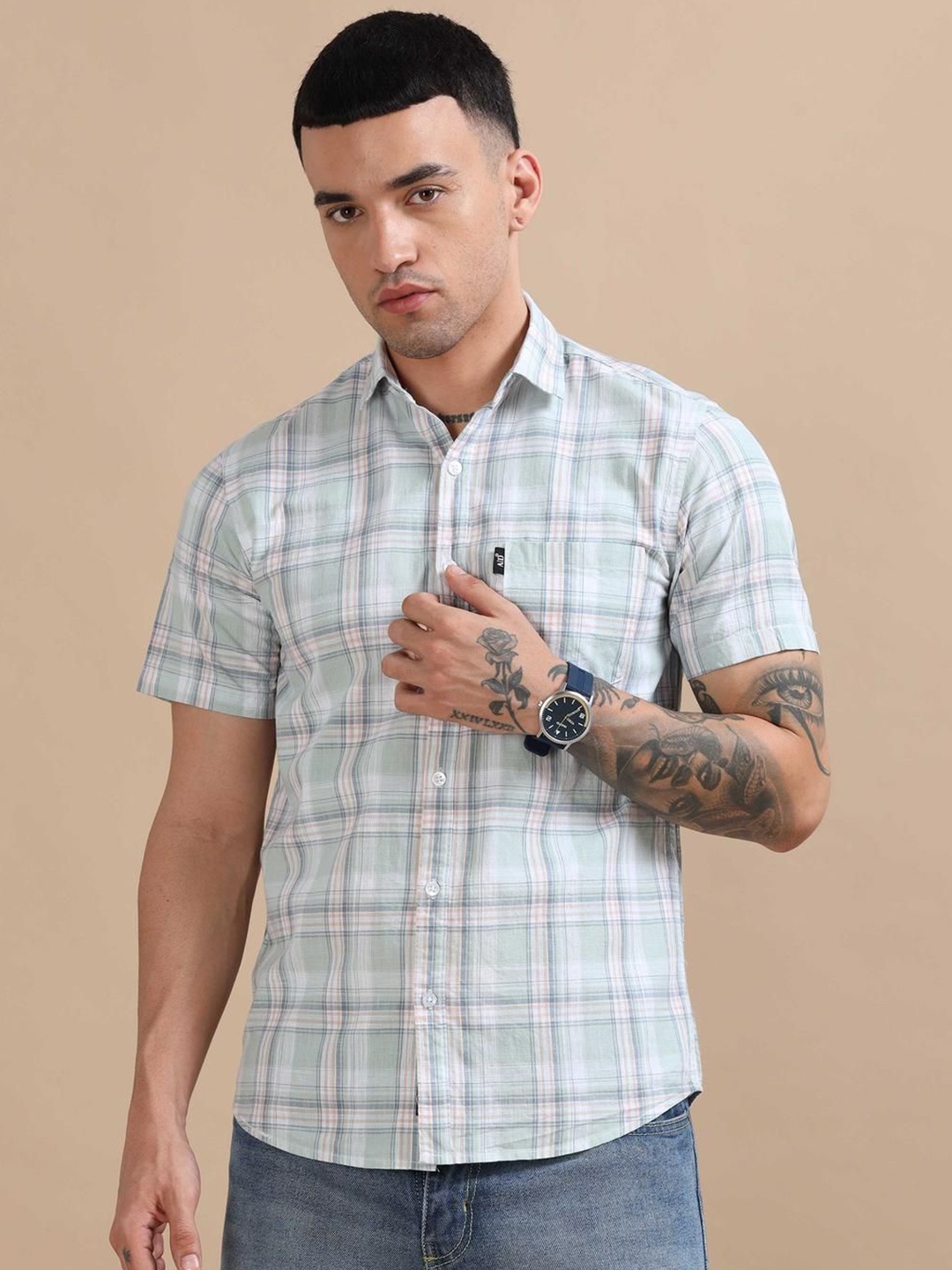 

HOUSE OF MAHNOTS Men Classic Opaque Checked Casual Shirt, Blue