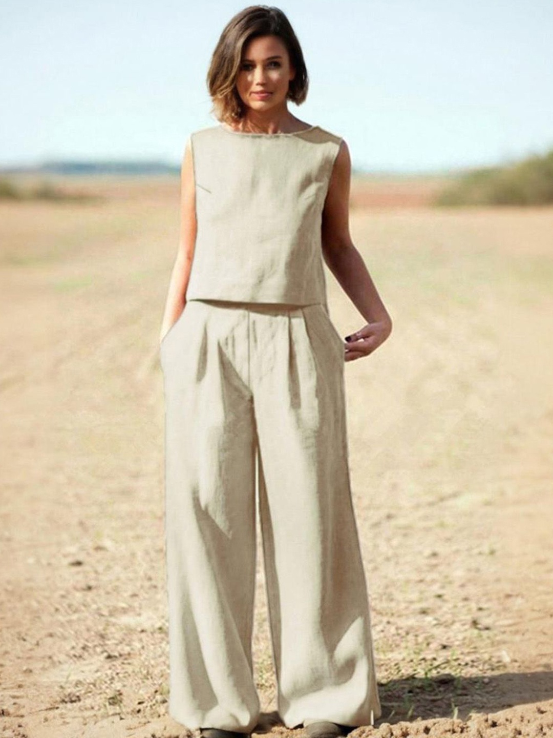 

StyleCast Round Neck Top With Trousers Co-Ords Set, Beige