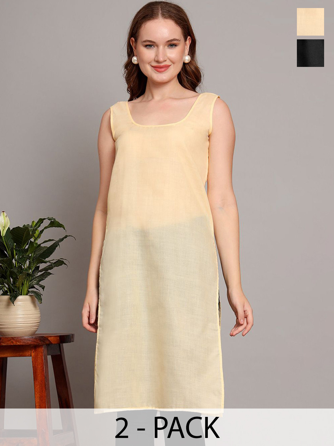 

The Chikan Label Pack Of 2 Scoop Neck Cotton Longline Side Slits Slips, Beige