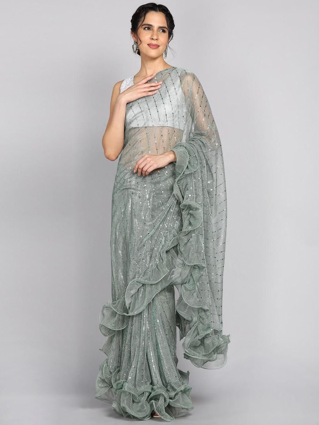 

VIJAYA VALLABH Embellished Sequinned Saree, Olive