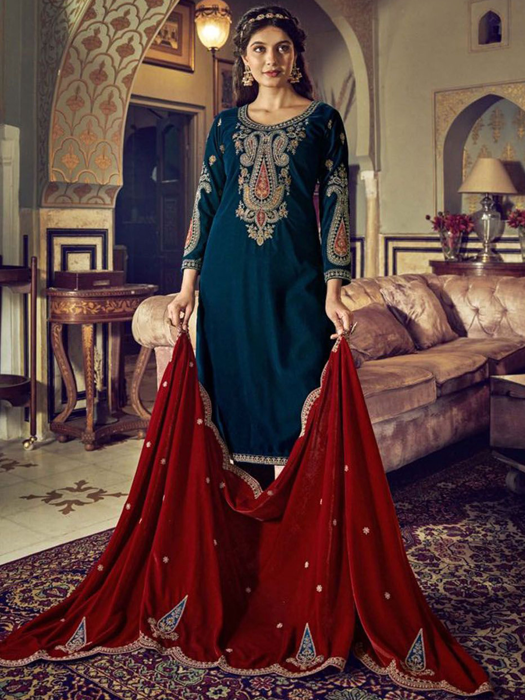 

Clora Creation Embroidered Velvet Unstitched Dress Material, Blue