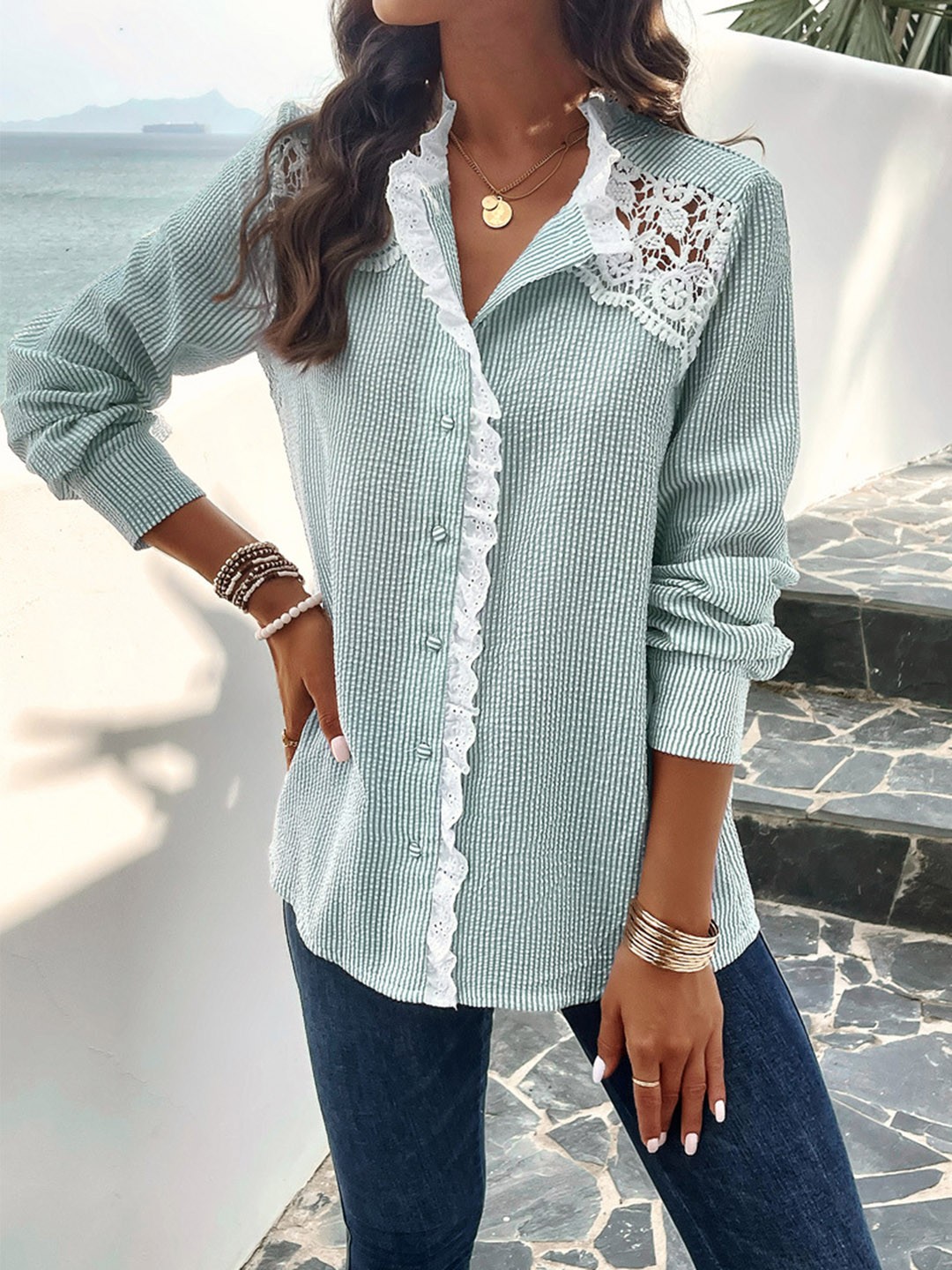 

all about you Striped Shirt Style Top, Green