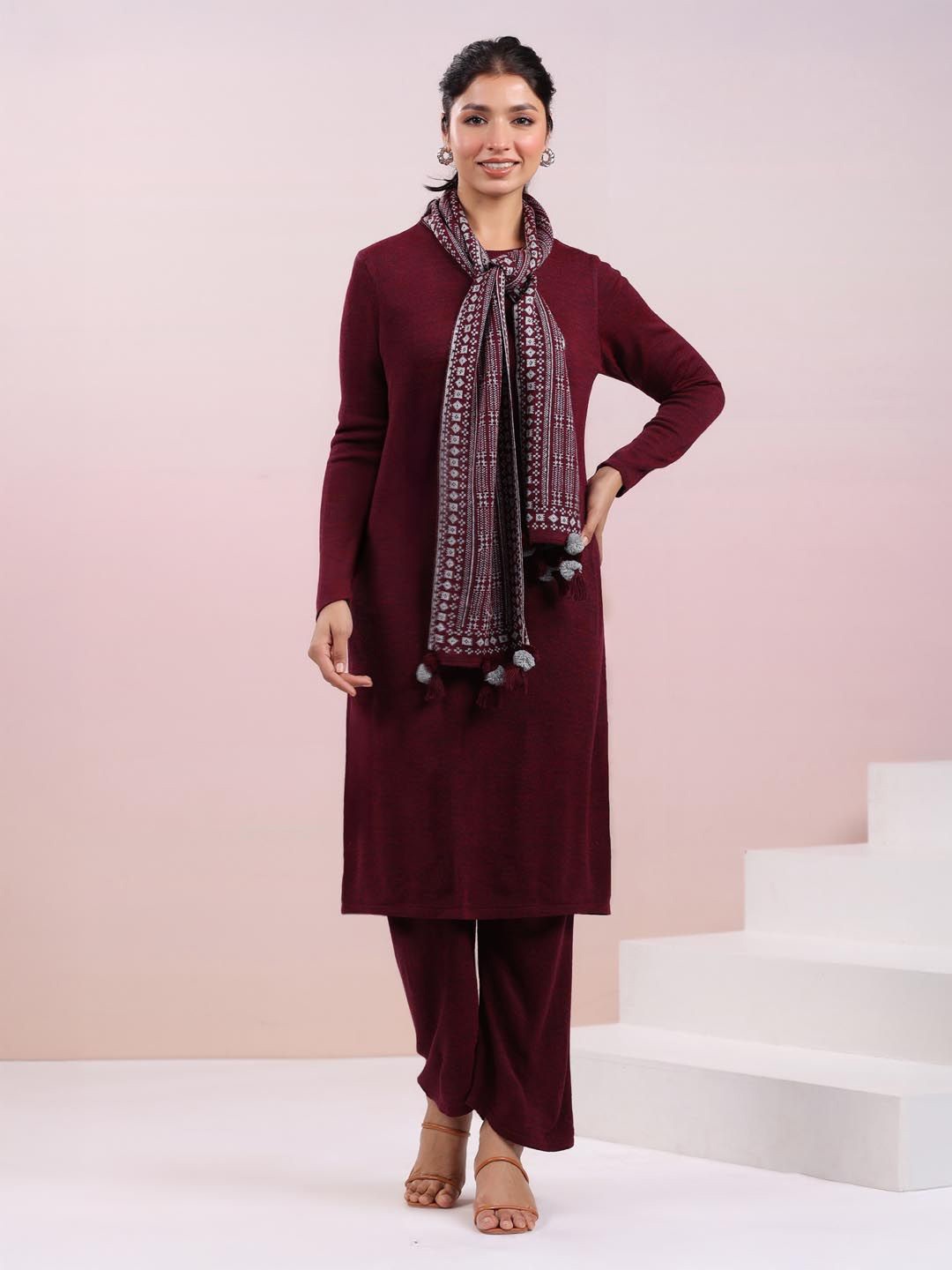 

Janasya Women's Woolen Self Design Straight Winter Kurta with Pant & Stole Set, Maroon