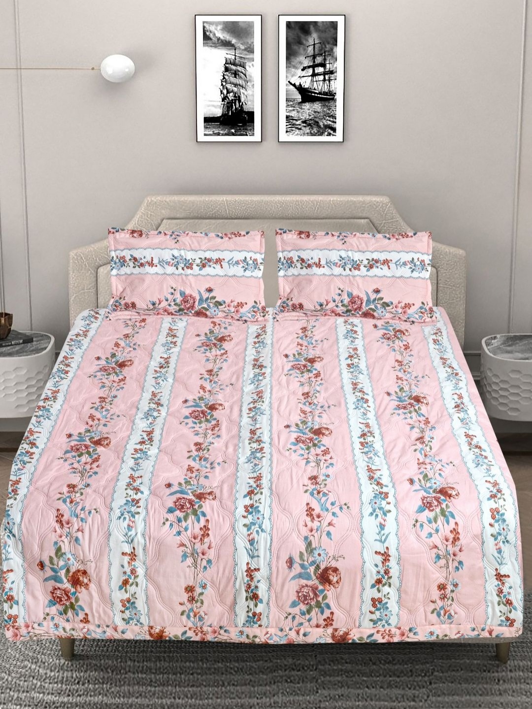 

FABINALIV Pink & White Printed Bed Cover With Pillow Covers 2.5mx2.2m