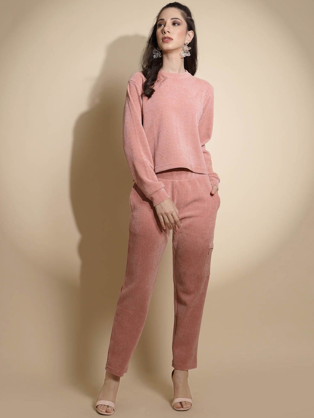 

Global Republic Self Design Round Neck Long Sleeves Top & Trouser, Pink