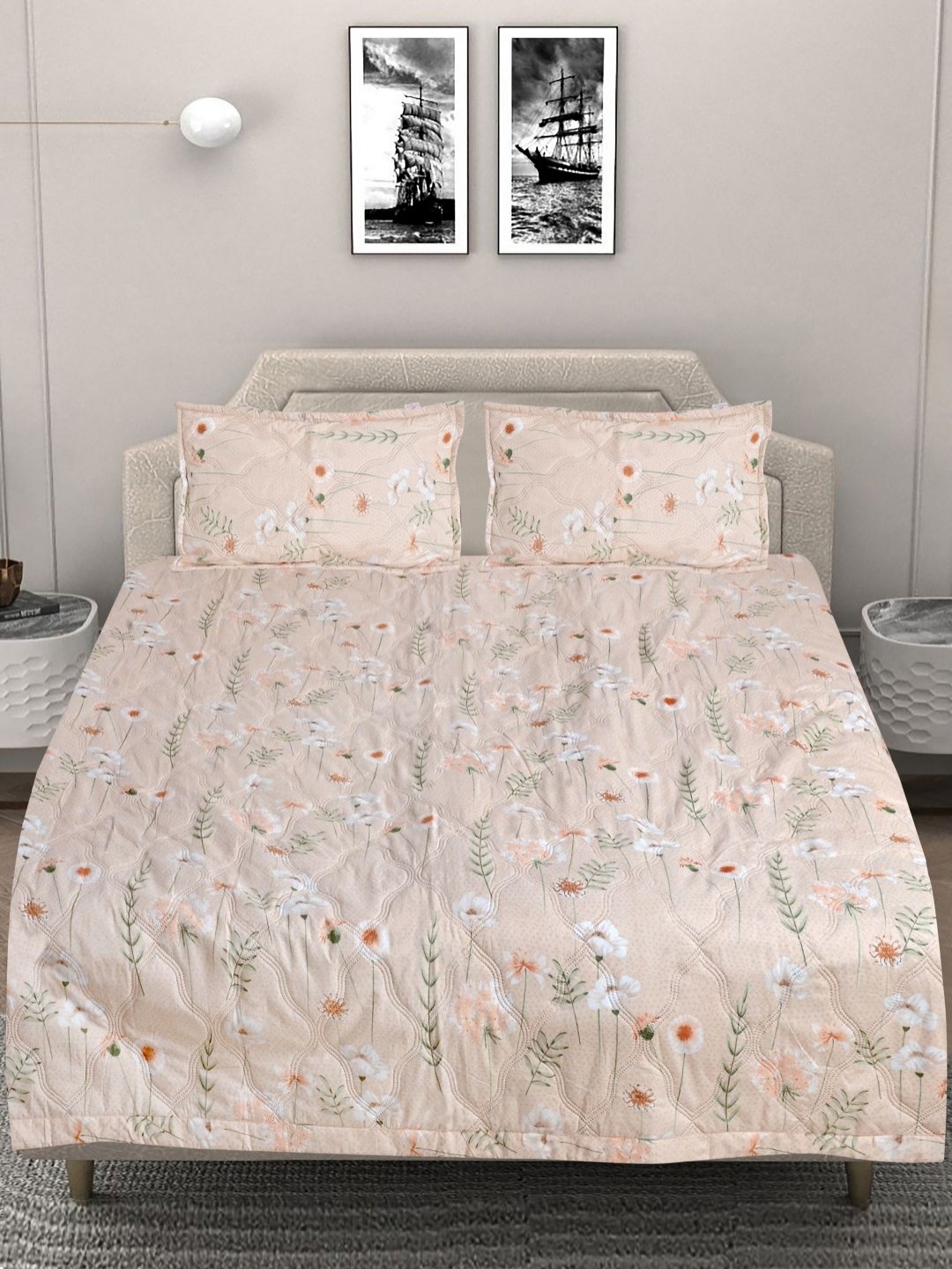 

FABINALIV Beige & Green Printed Bed Cover With Pillow Covers
