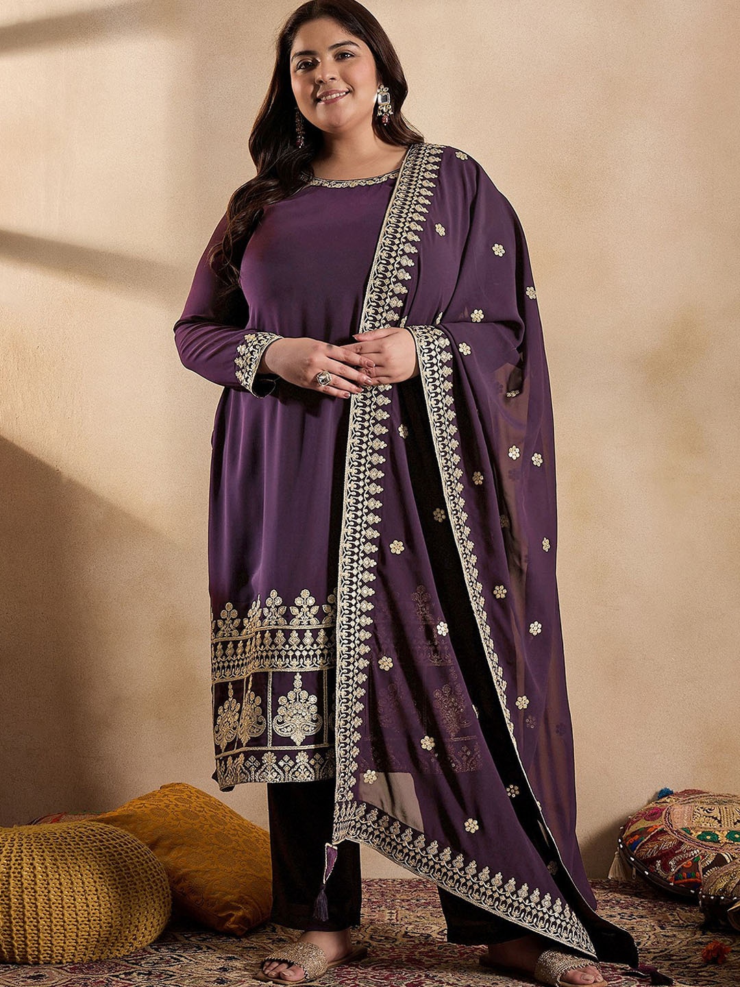 

INDDUS PLUS Women Ethnic Motifs Embroidered Regular Sequinned Kurta with Palazzos & With Dupatta, Purple