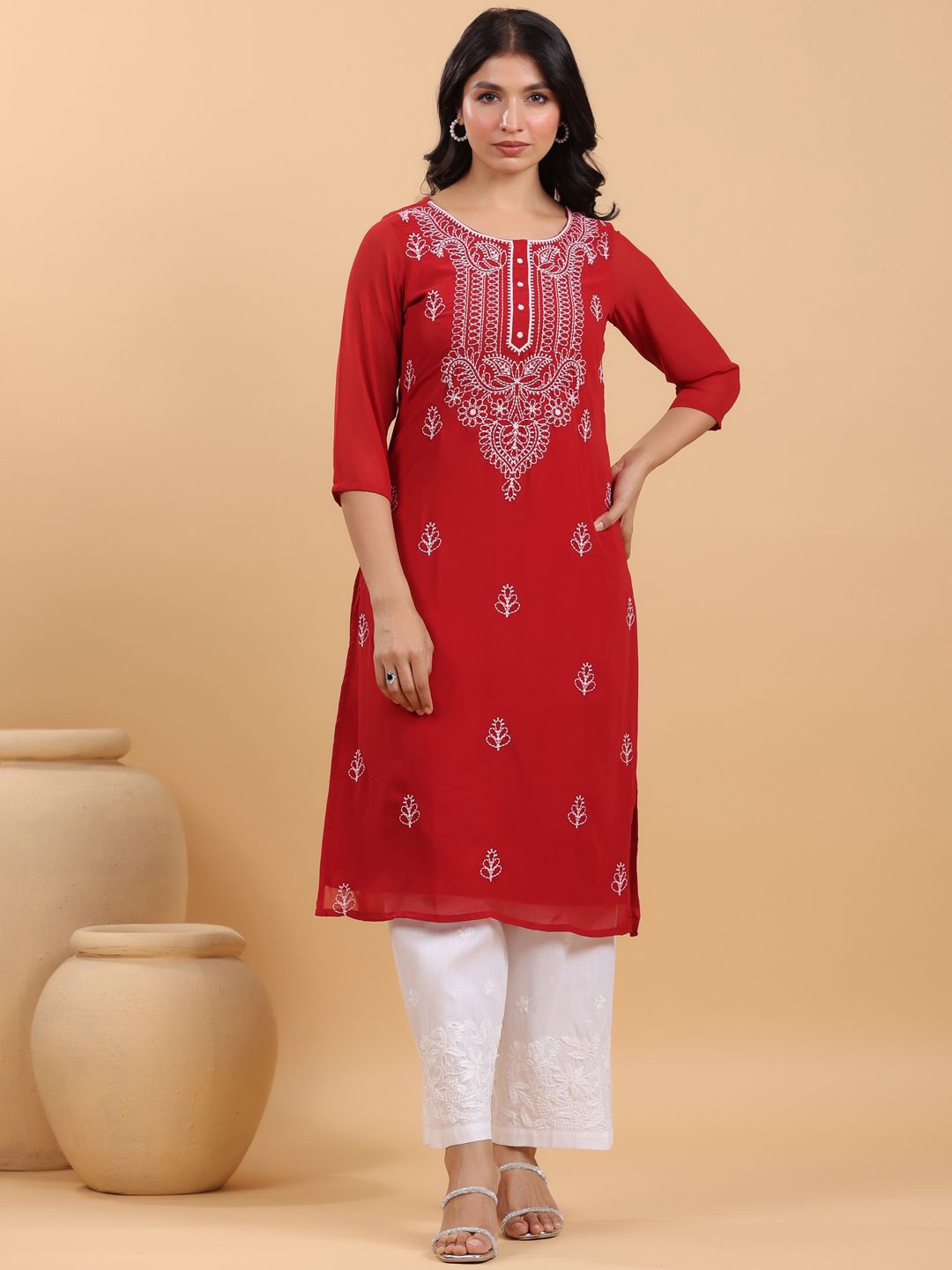 

Janasya Women Ethnic Motifs Embroidered Georgette Kurta, Maroon