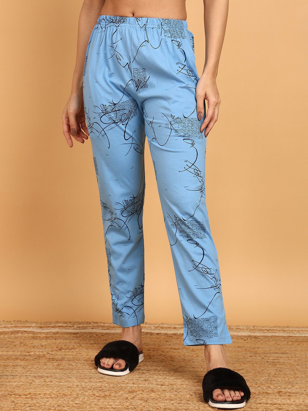 

VAHSON Printed Pure Cotton Relaxed Fit Straight-Leg Lounge Pants, Blue
