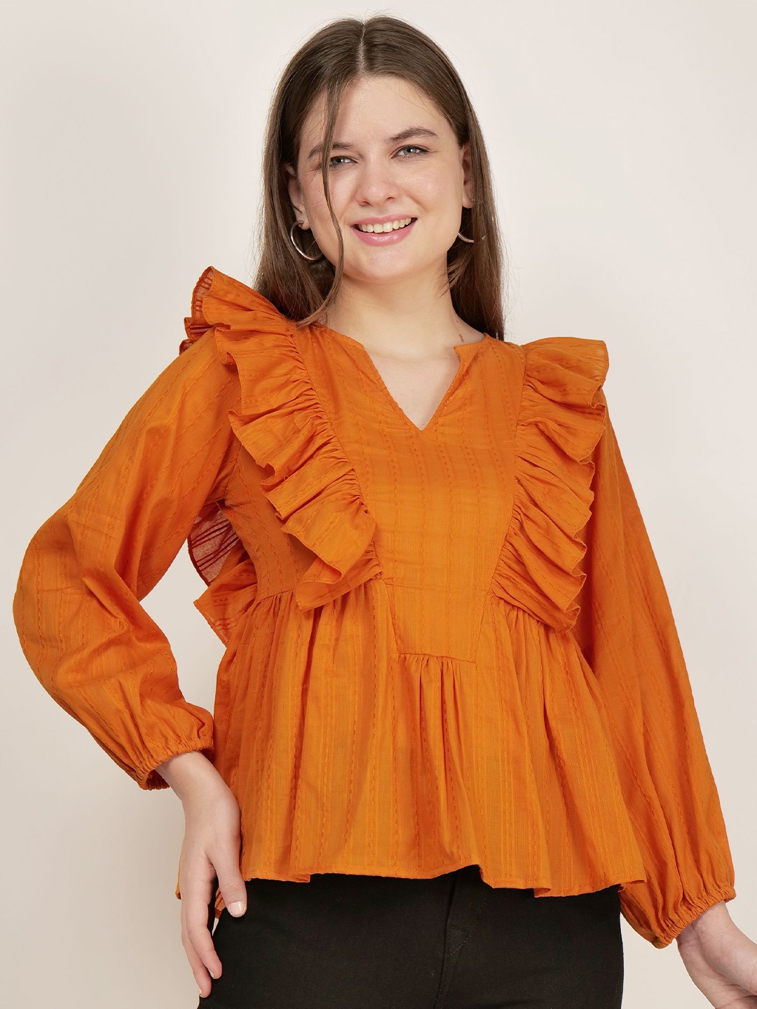 

AUDRAPE Women Puff Sleeve Cotton Ruffles Tiered Top, Orange