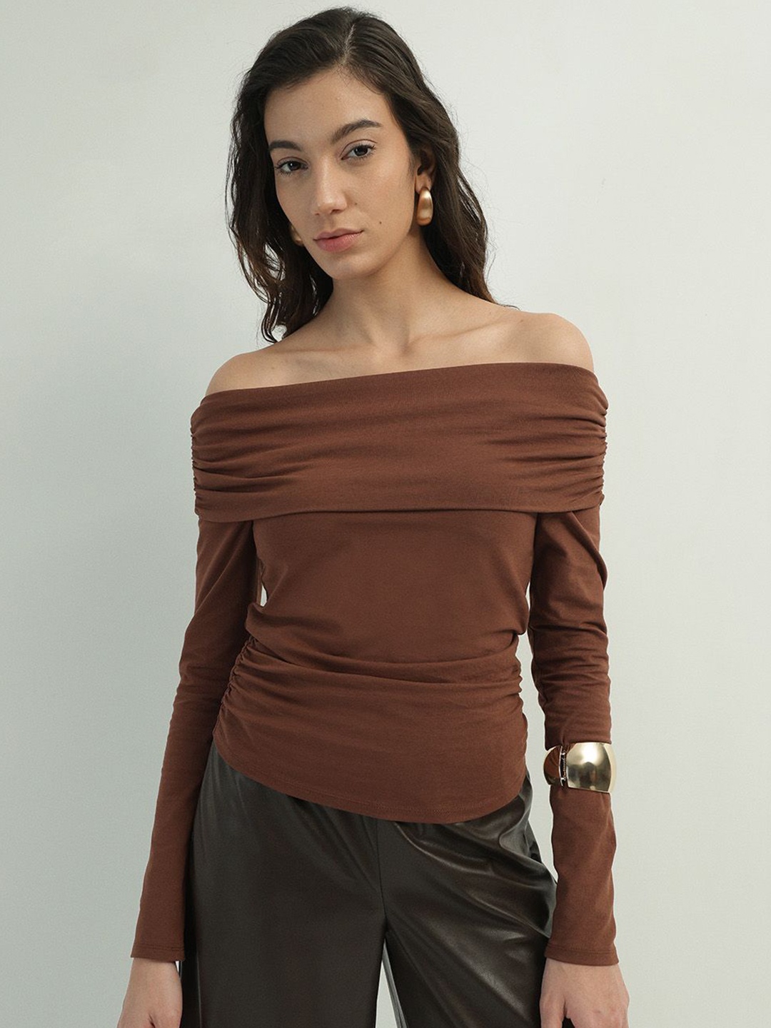 

H&M Cotton Boat Neck Top, Brown