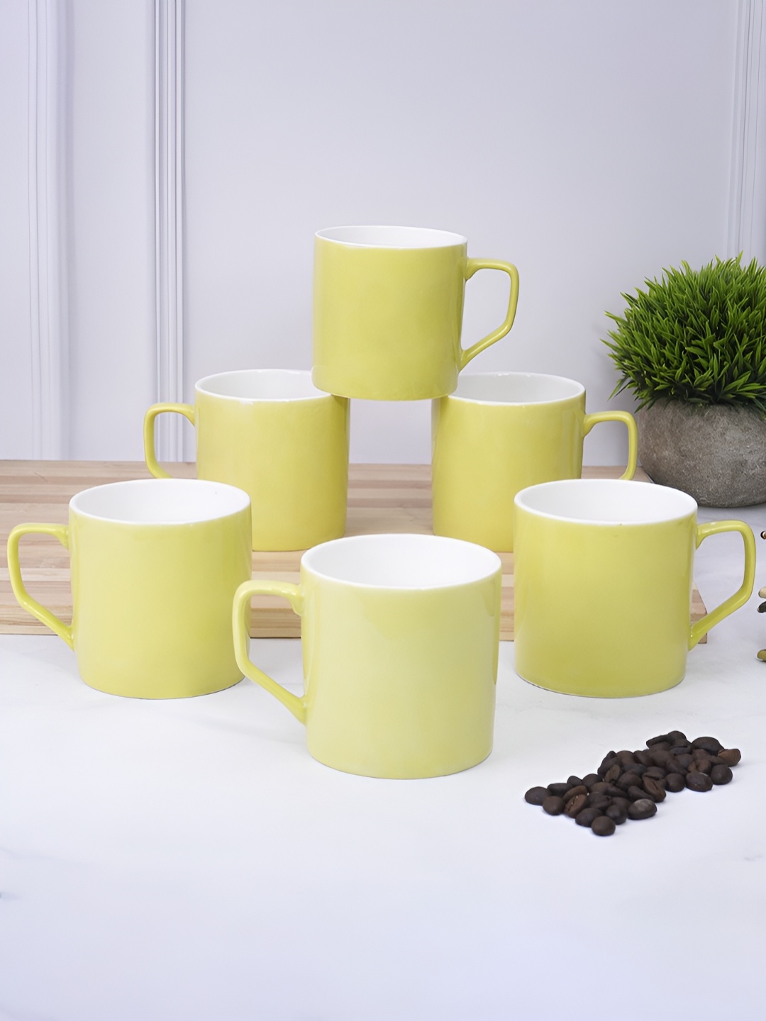 

UPC Set of 6 Printed Premium Lightweight Fine Bone China Ceramic Tea/Coffee Cups, Yellow