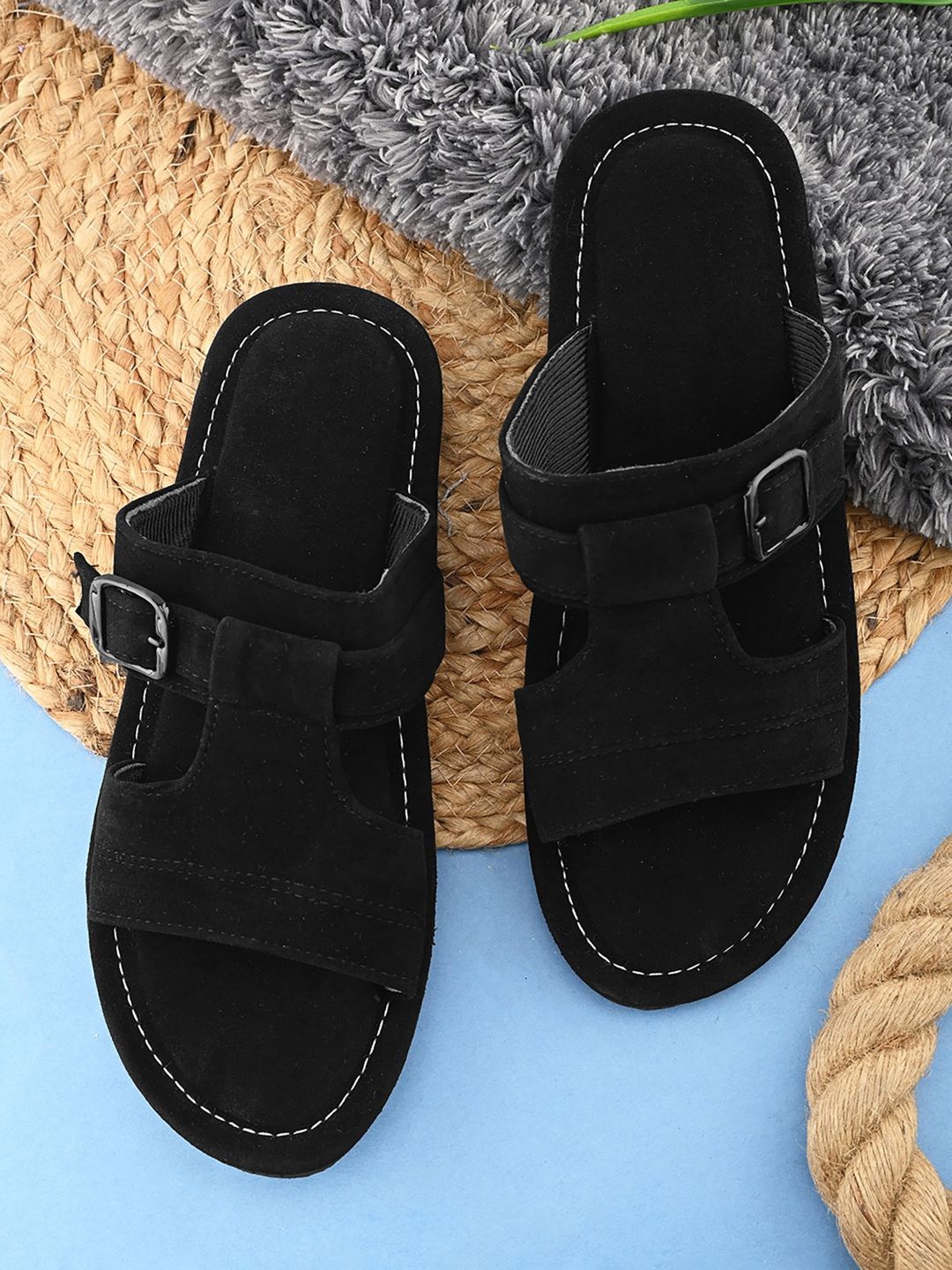 

Apratim Men Open Toe Flats with Buckles, Black