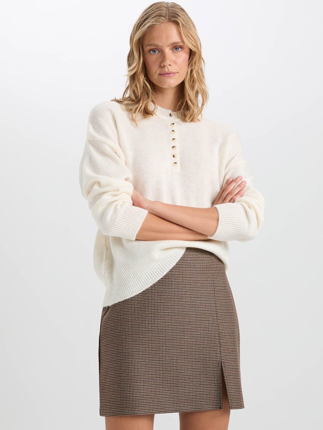 

DeFacto Checked A- Line Mini Skirt, Grey