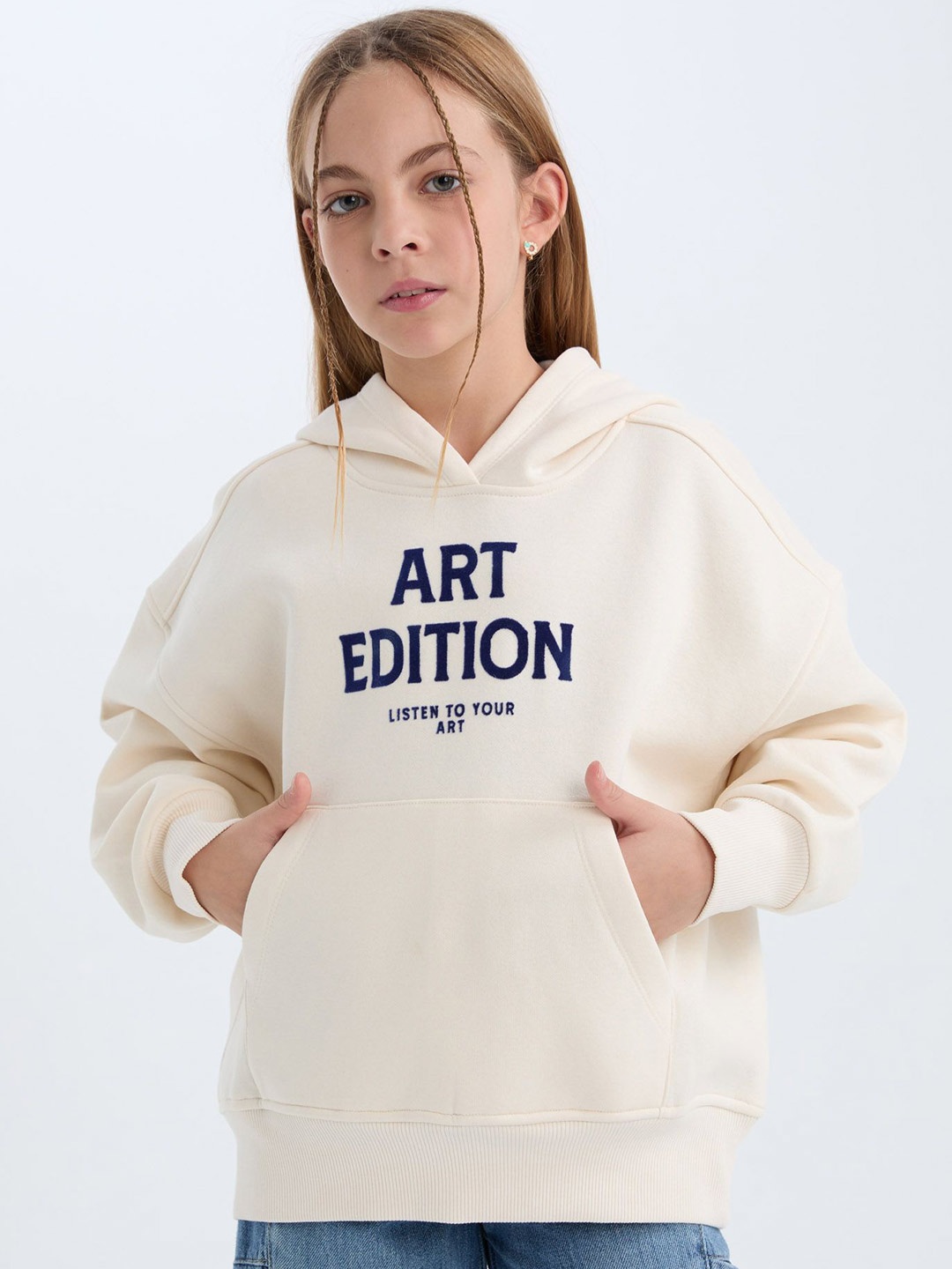 

DeFacto Printed Hooded Sweatshirt, Cream