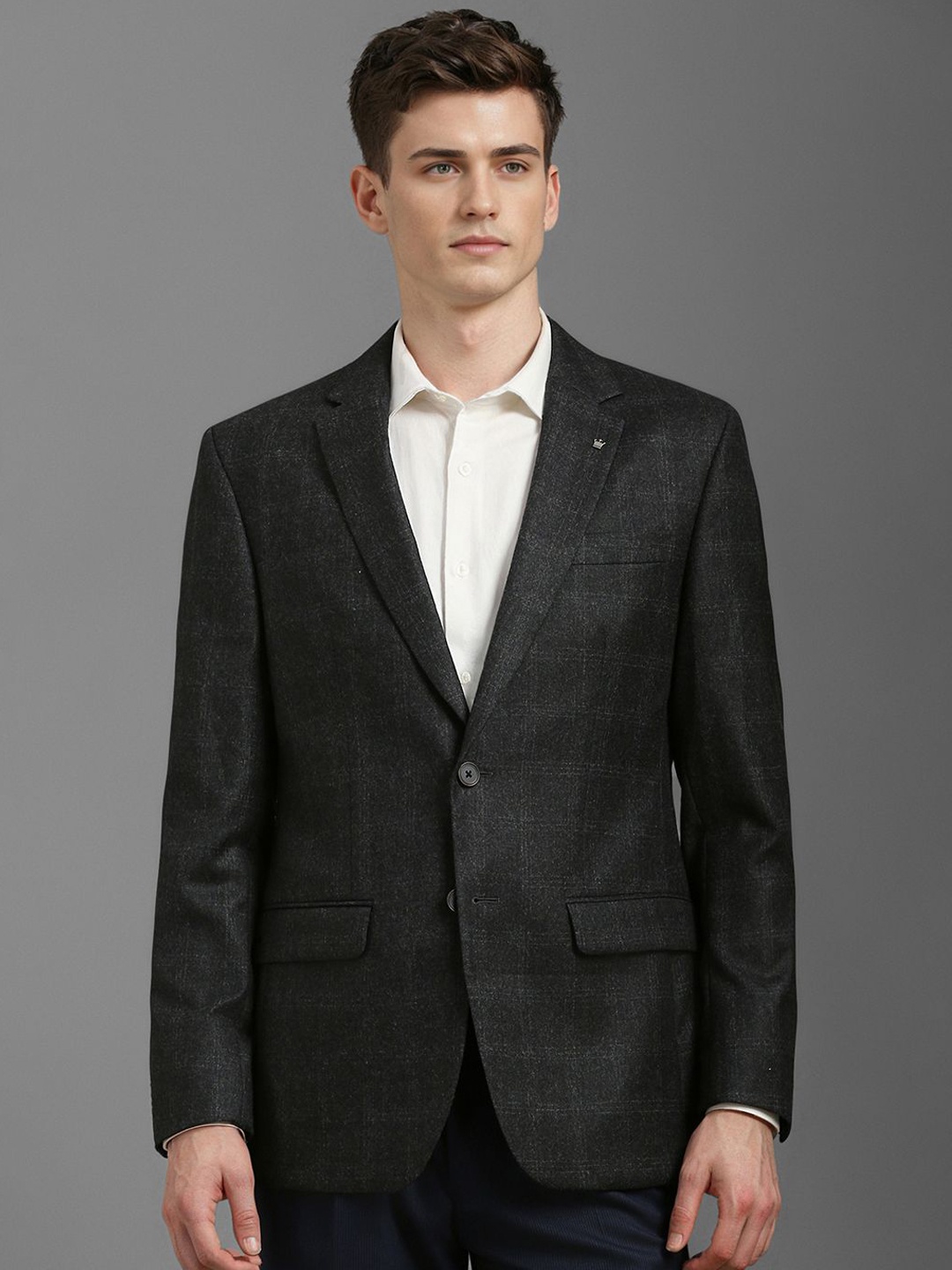 

Louis Philippe Checked Notched Lapel Single Breasted Formal Blazer, Charcoal