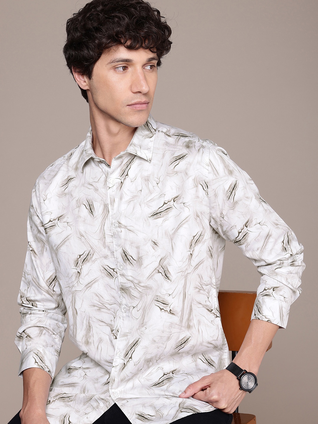 

French Connection Slim Fit Opaque Abstract Printed Pure Cotton Casual Shirt, White