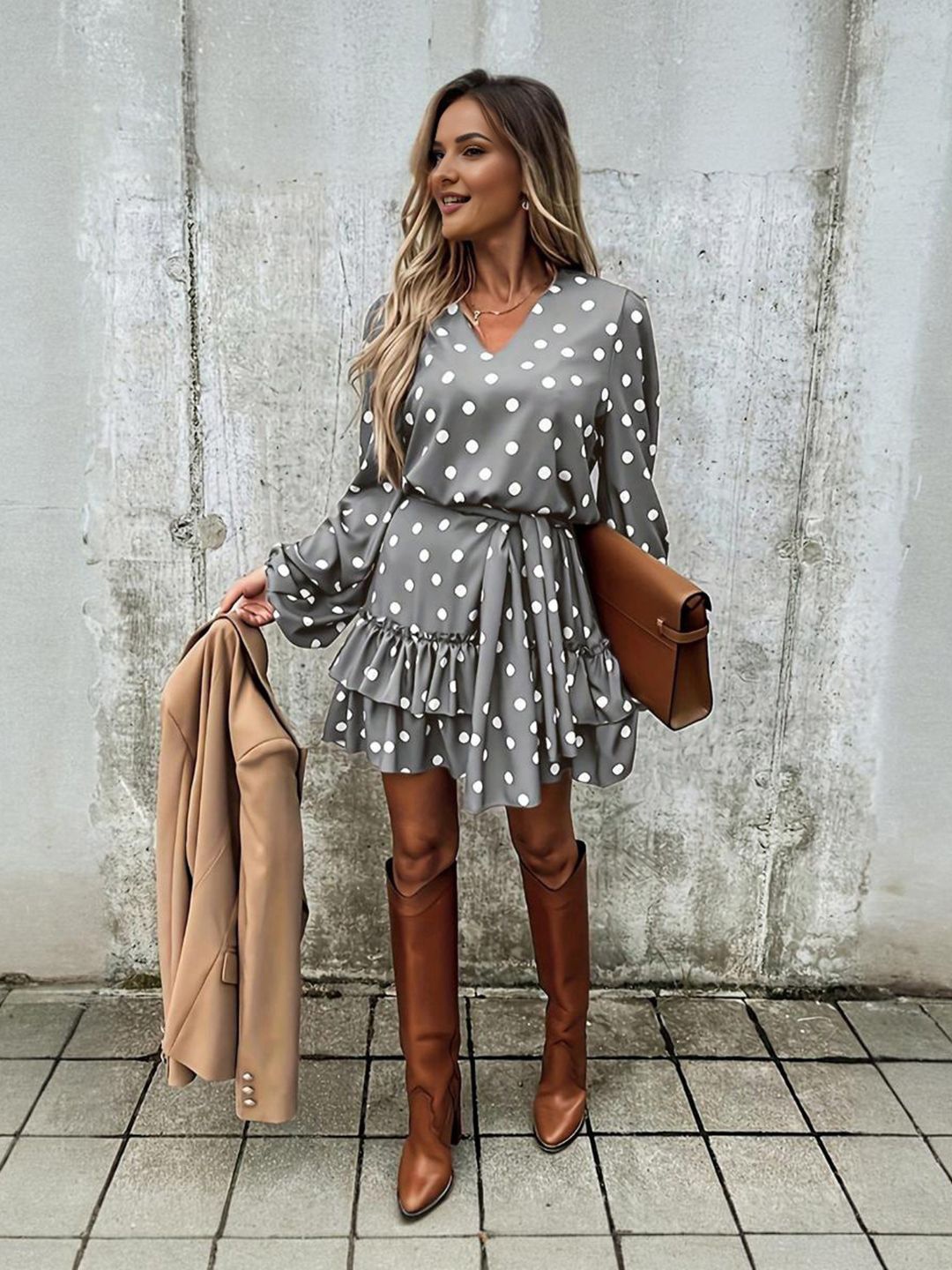 

StyleCast Polka Dot Print Puff Sleeve A-Line Dress, Grey